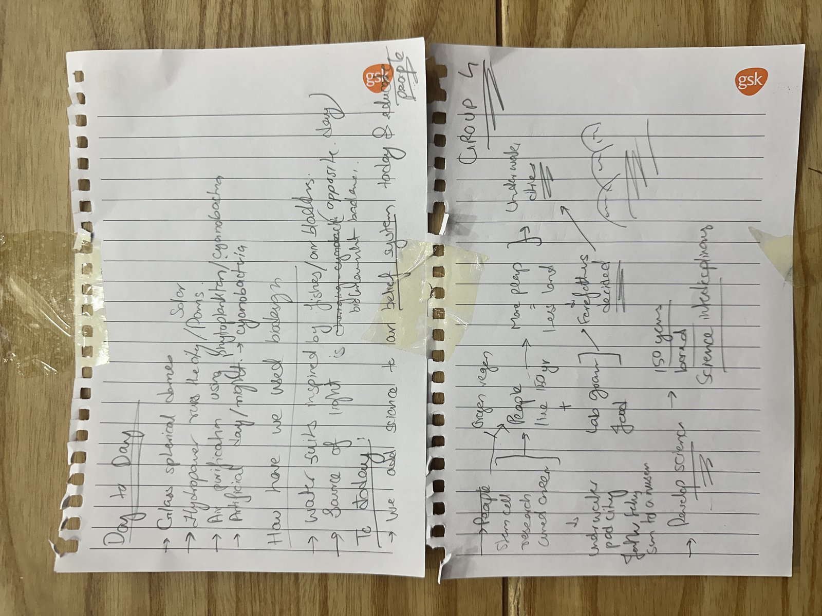 Two pages of handwritten worldbuilding notes covering family structure, food, transport, and energy.