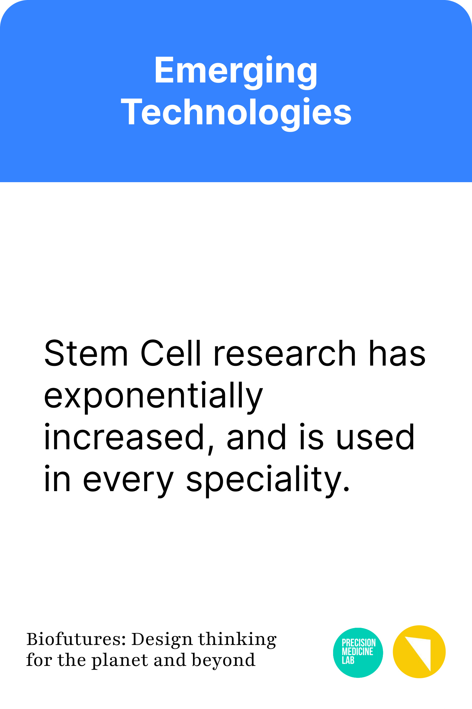 An Emerging Technologies card: 'Stem Cell research has exponentially increased, and is used in every speciality.'