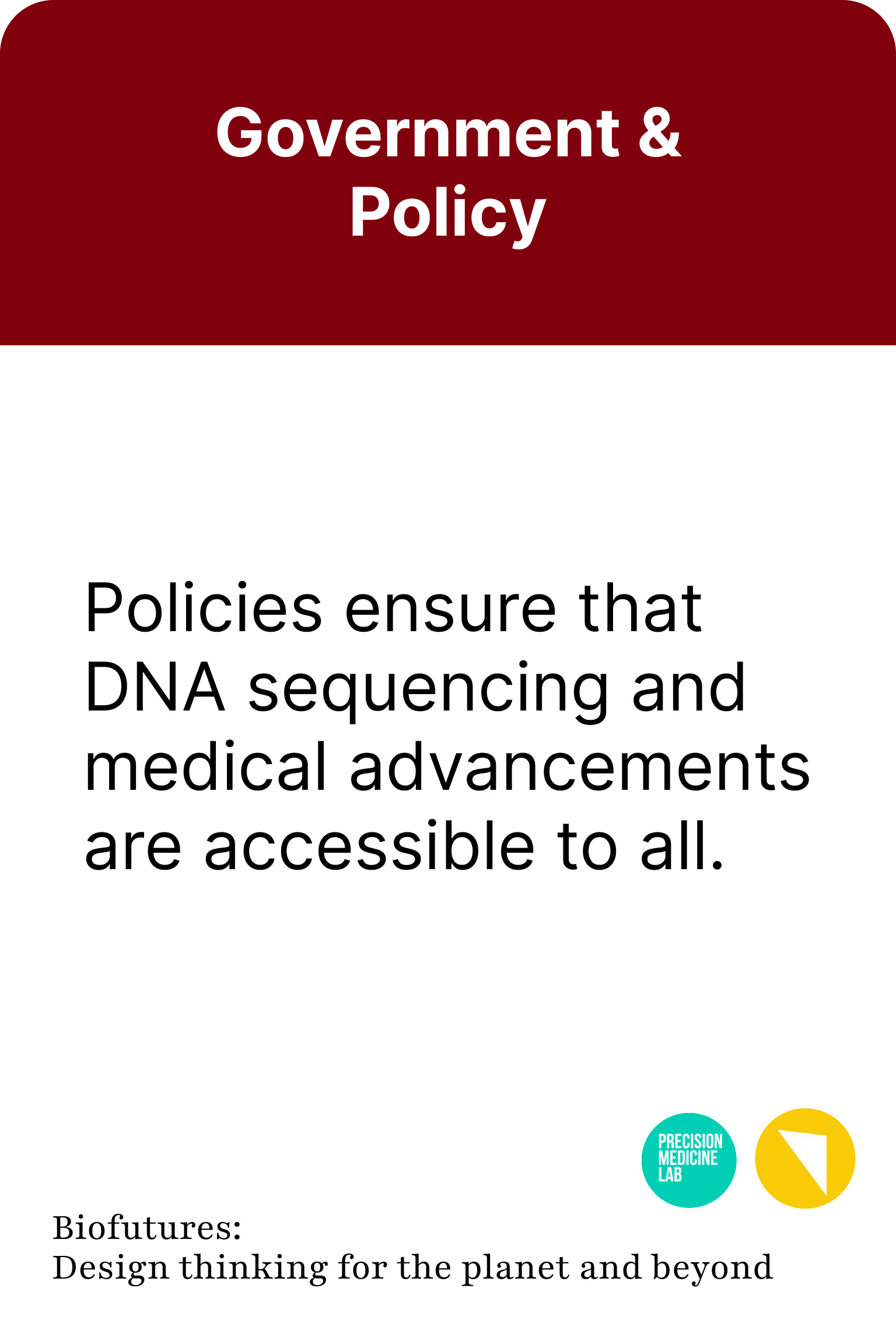 A Government & Policy card: 'Policies ensure that DNA sequencing and medical advancements are accessible to all.'