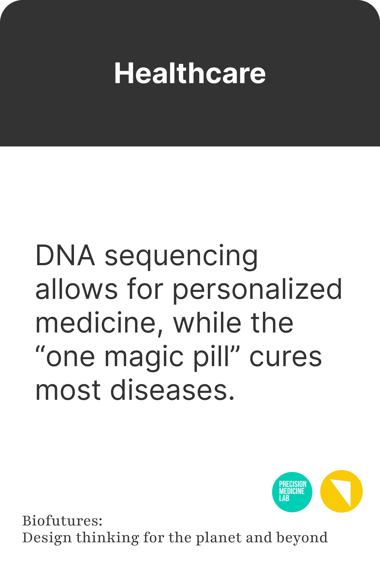 A Healthcare card: 'DNA sequencing allows for personalized medicine, while the "one magic pill" cures most diseases.'