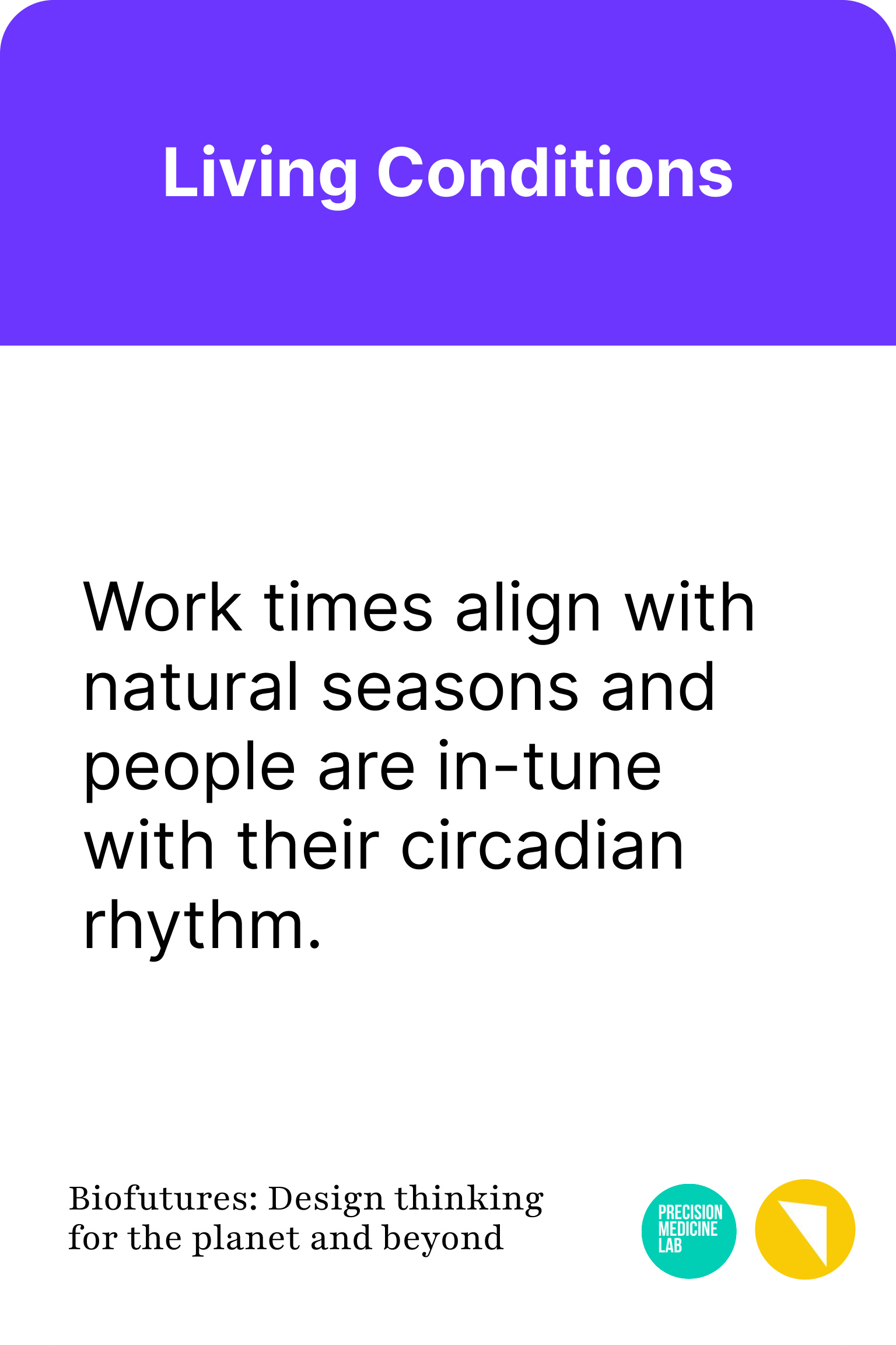 A Living Conditions card: 'Work times align with natural seasons and people are in-tune with their circadian rhythm.'