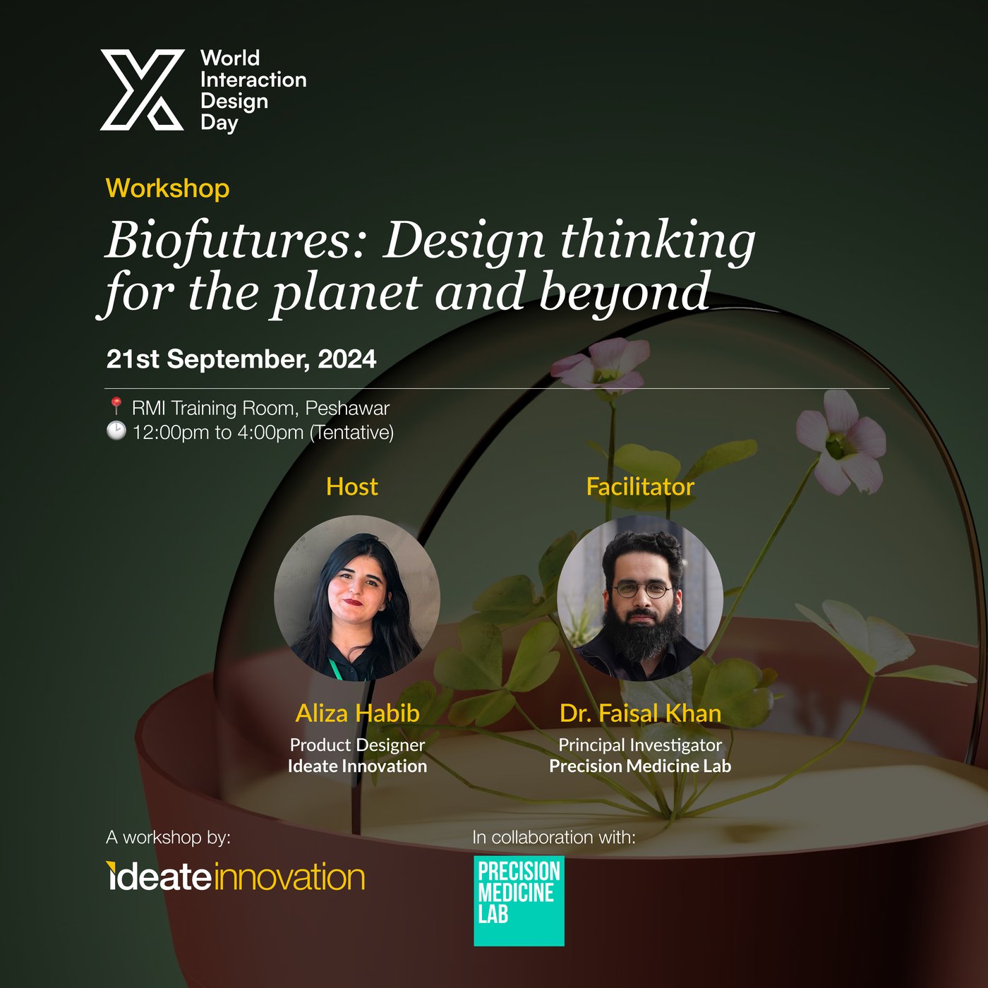 The Biofutures workshop poster, with a flower under a bell jar and the host and facilitator names.