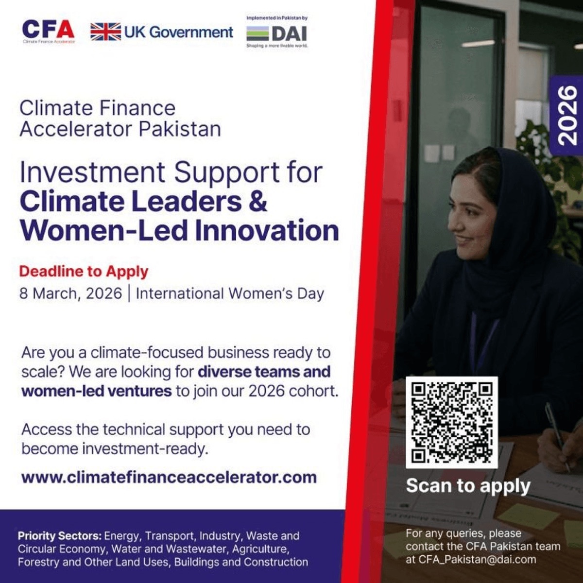 Investment Support for Climate Leaders & Women-Led Innovation poster, timed to International Women's Day.