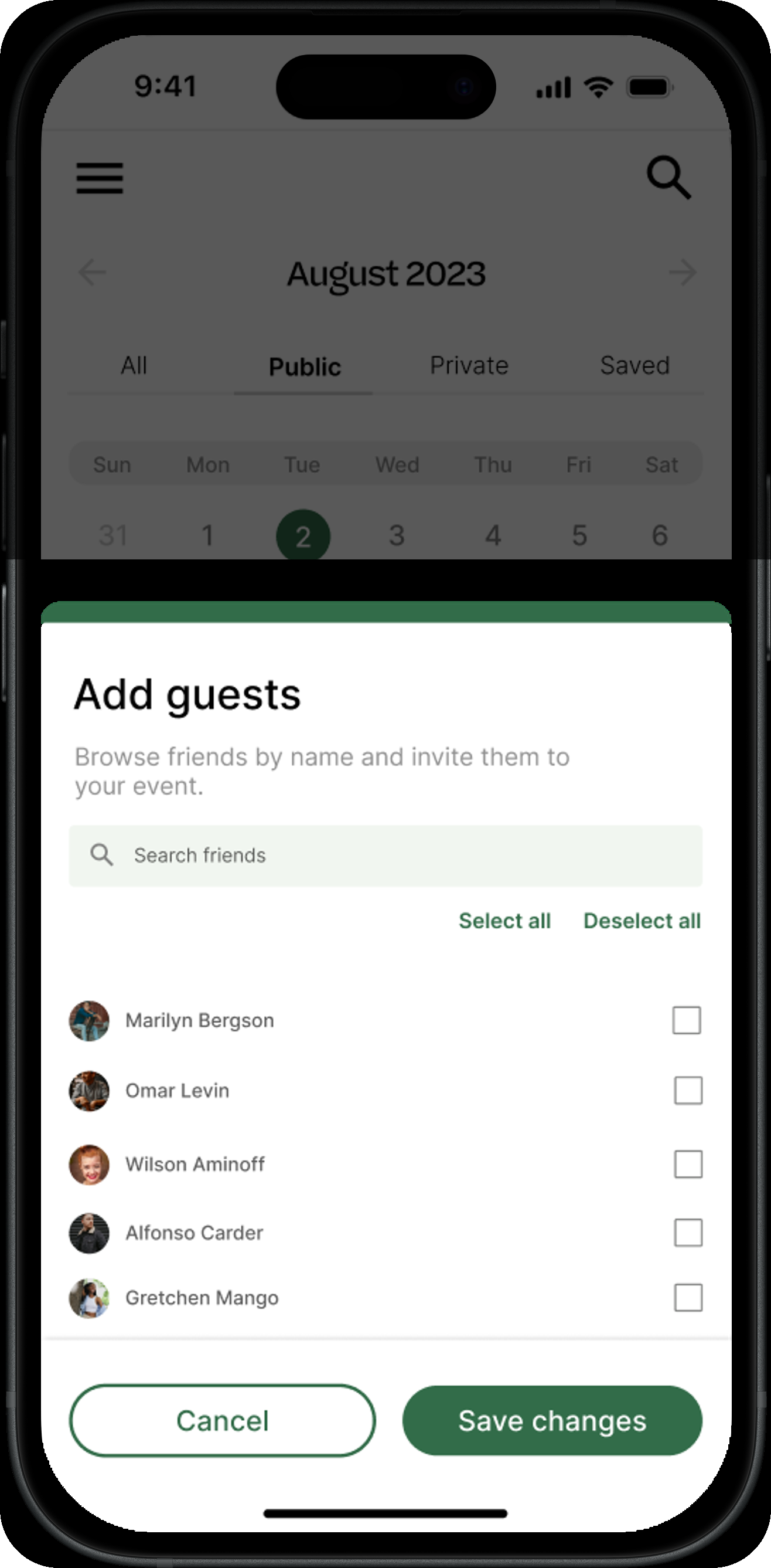 Add guests sheet for inviting friends to an event by name, with select-all and per-person checkboxes.