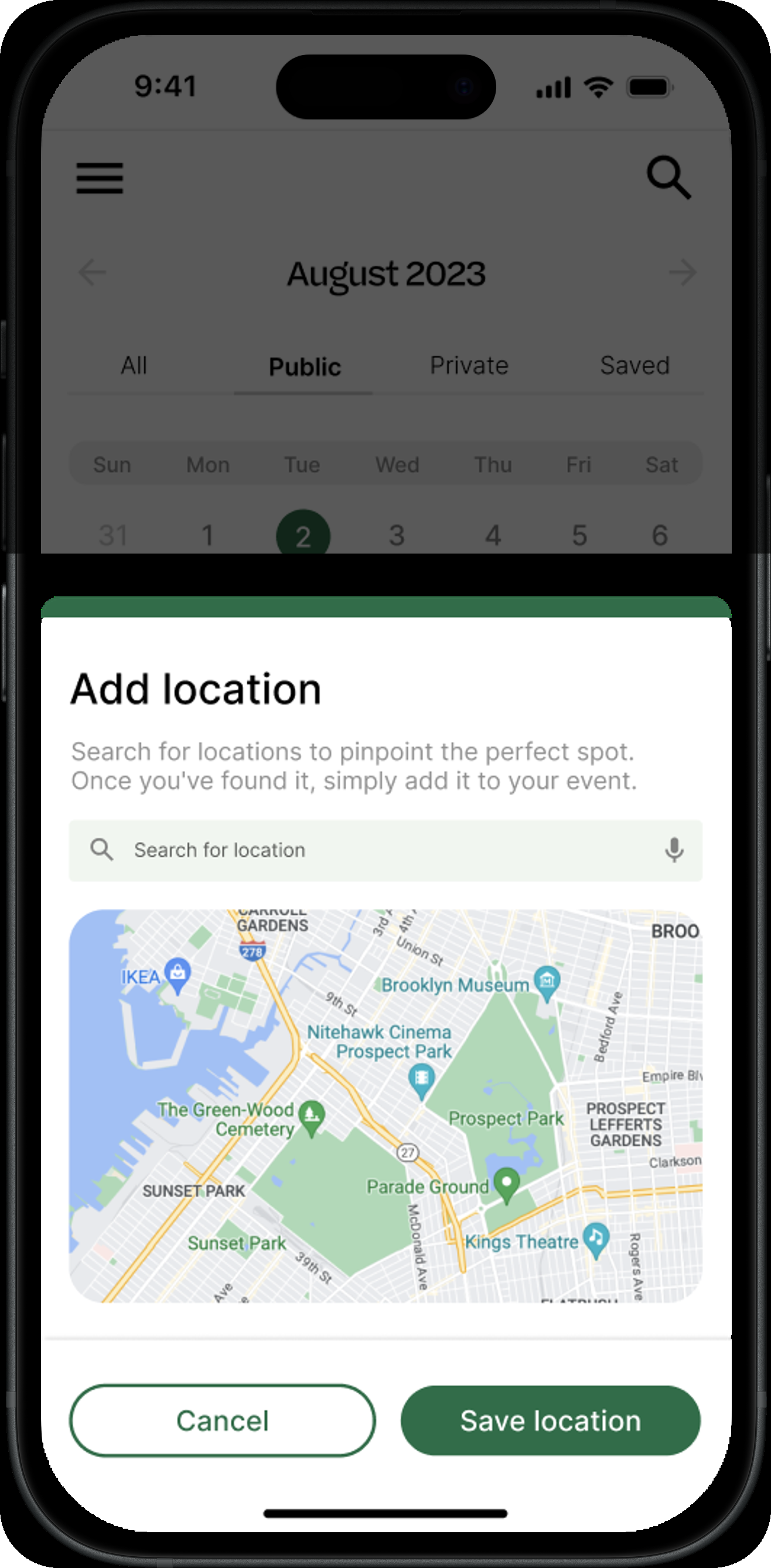 Add location sheet for pinpointing an event's meeting spot on a searchable map.