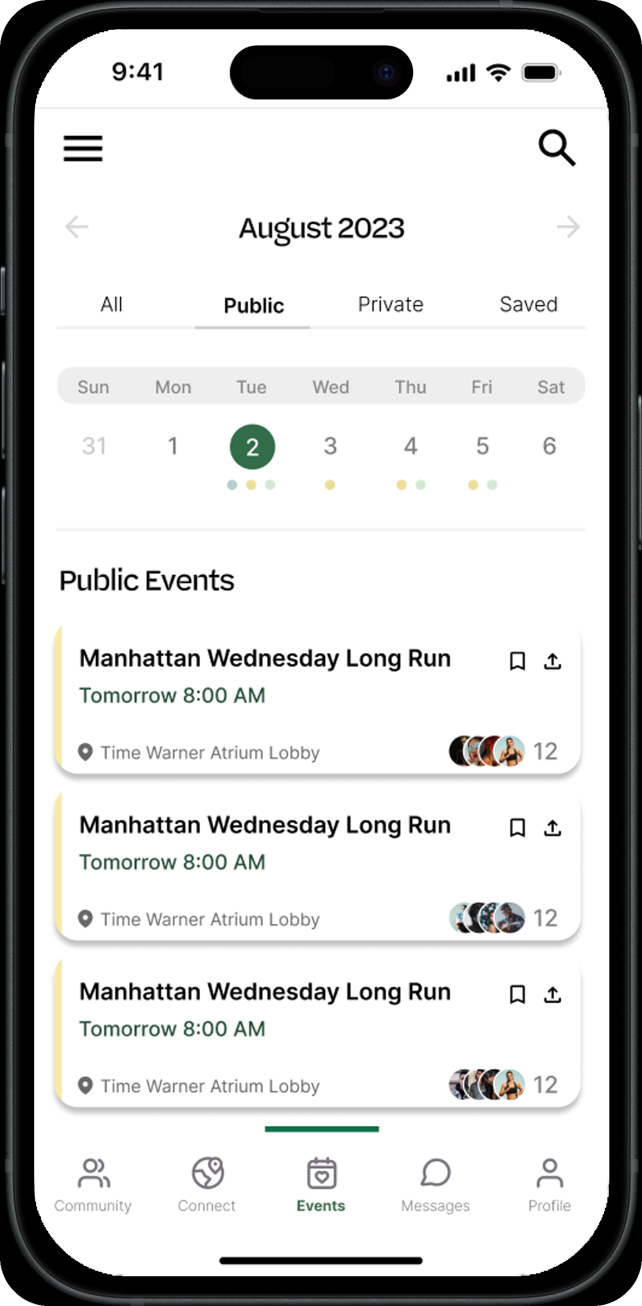 Events calendar filtered to Public, showing three upcoming Manhattan Wednesday Long Run listings for August 2023.