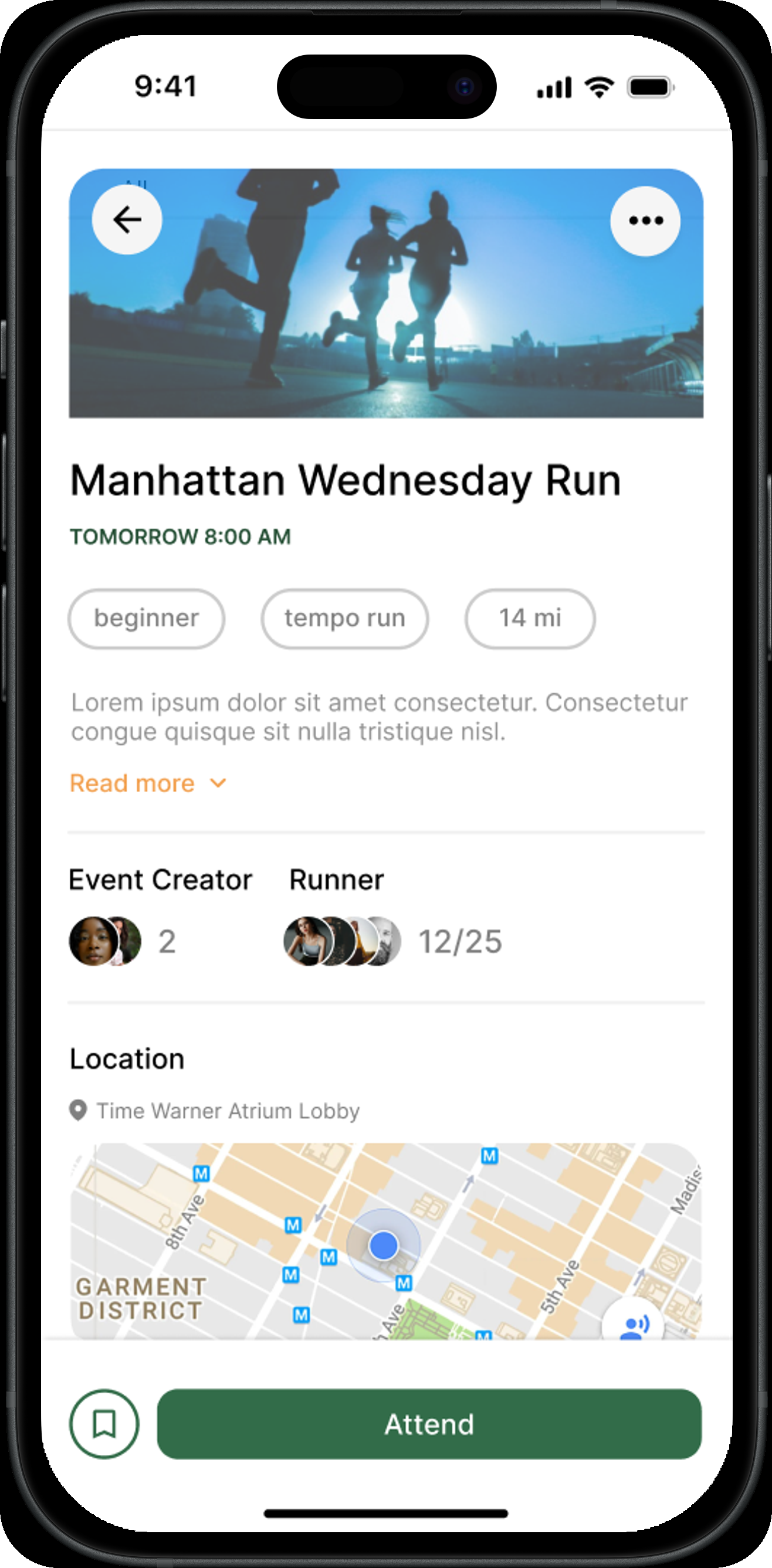 Manhattan Wednesday Run event detail, with route photo, pace/distance tags, attendee counts, and an Attend button.