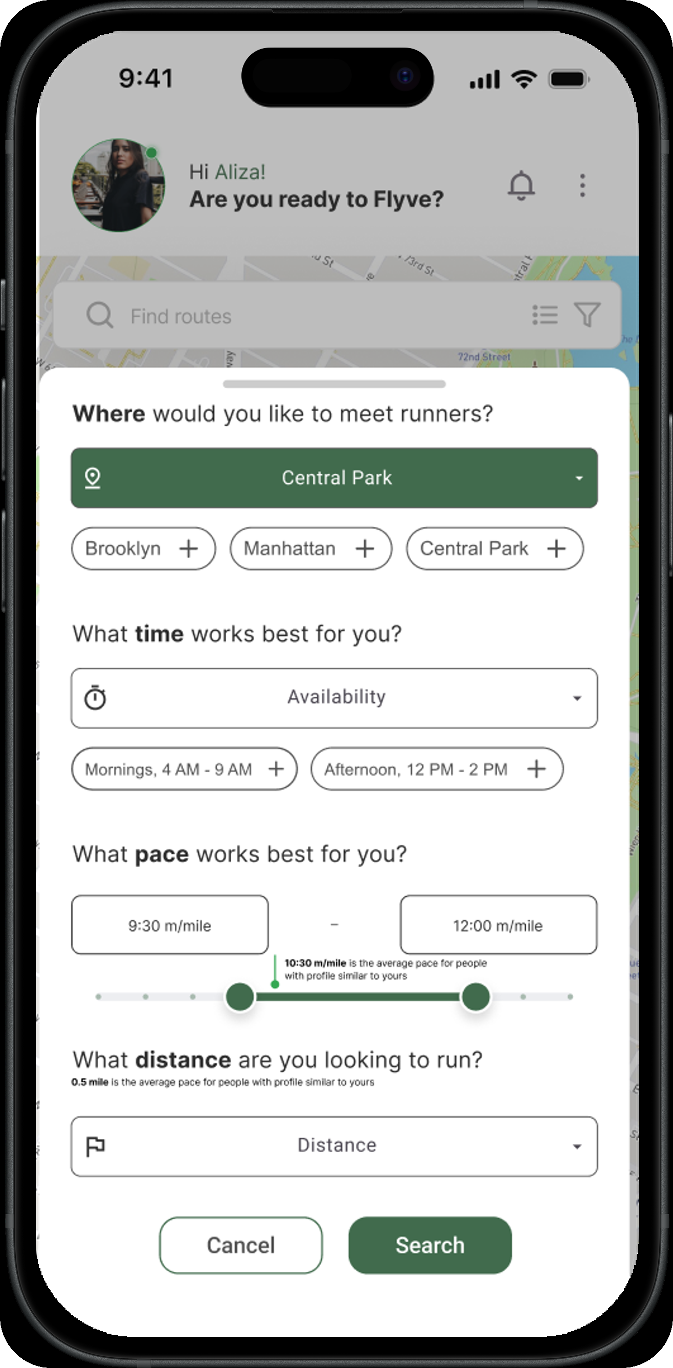 The 'where would you like to meet runners' filter sheet, with location, time, pace range, and distance controls.