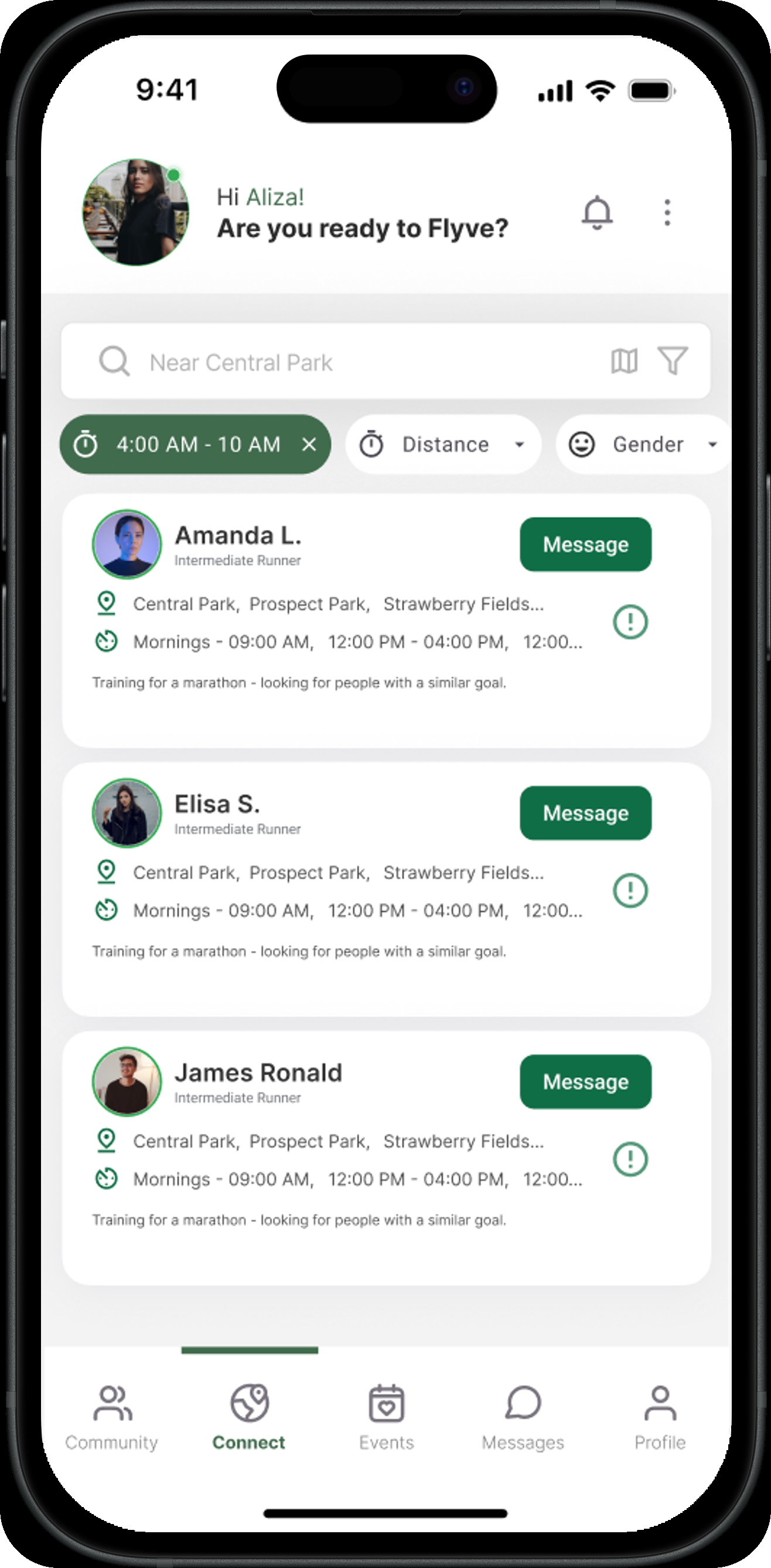 Filtered results showing three matched runners near Central Park with their availability and training goals, each with a Message button.