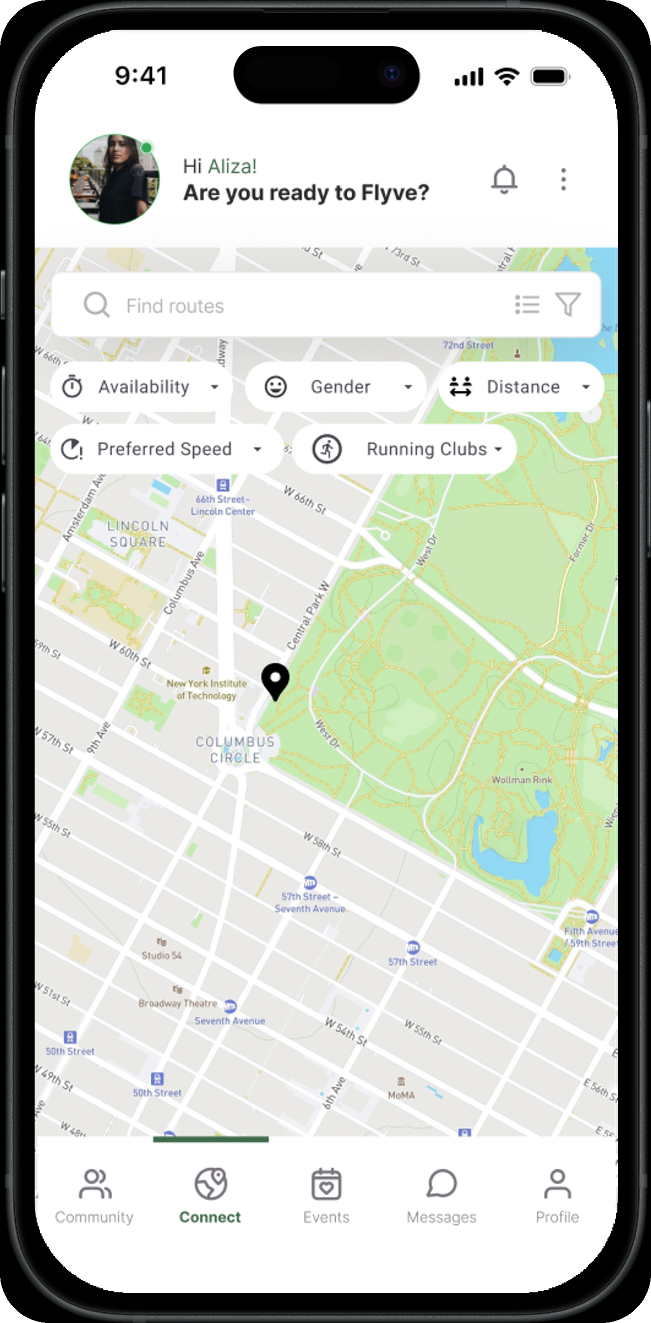 Flyve's map view for finding runners near Central Park, with filters for availability, gender, distance, preferred speed, and running clubs.