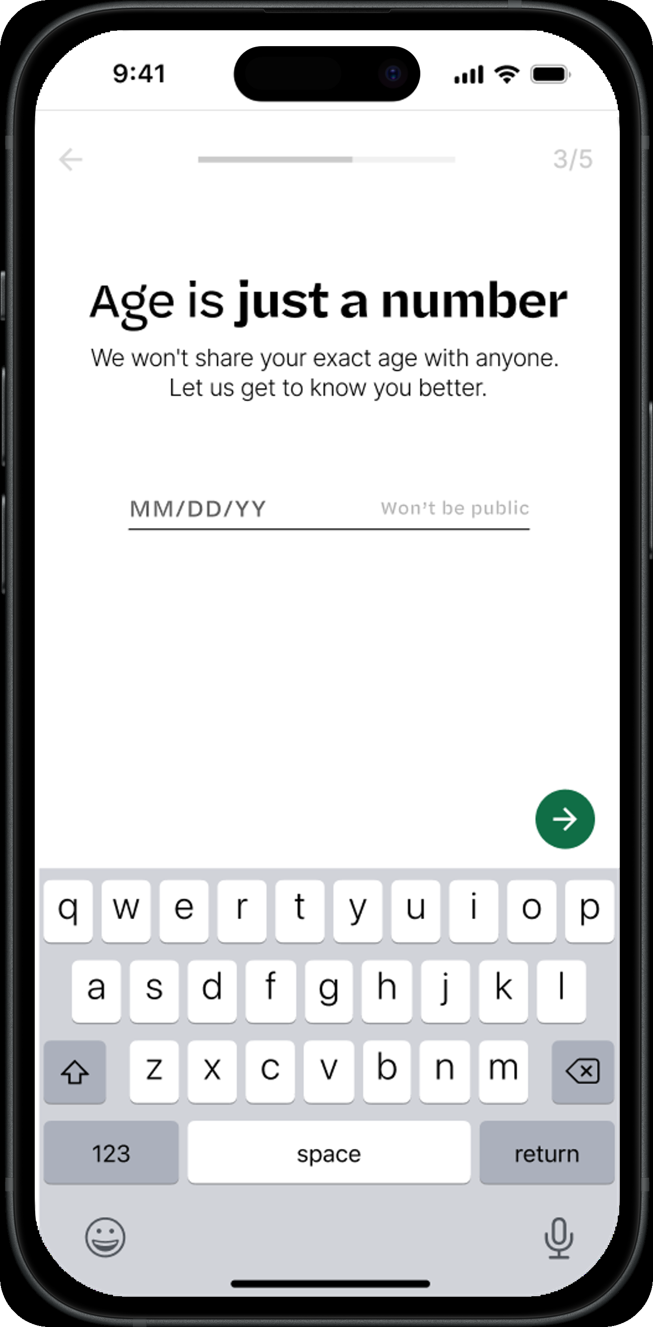 Onboarding step 3 of 5, asking for date of birth, kept private by default.