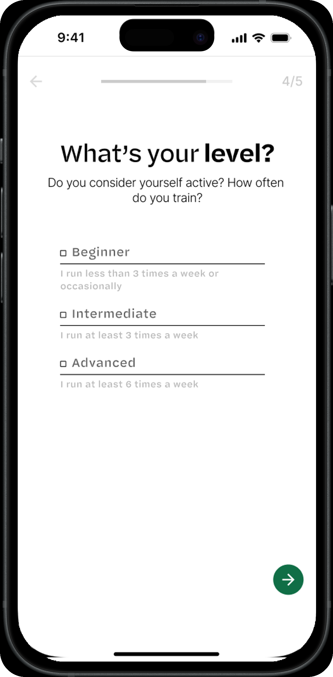Onboarding step 4 of 5, asking the user to self-rate as beginner, intermediate, or advanced.