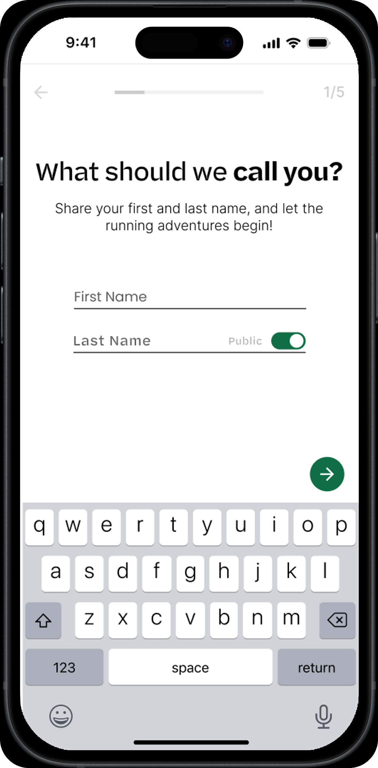 Onboarding step 1 of 5, asking what to call the new user.