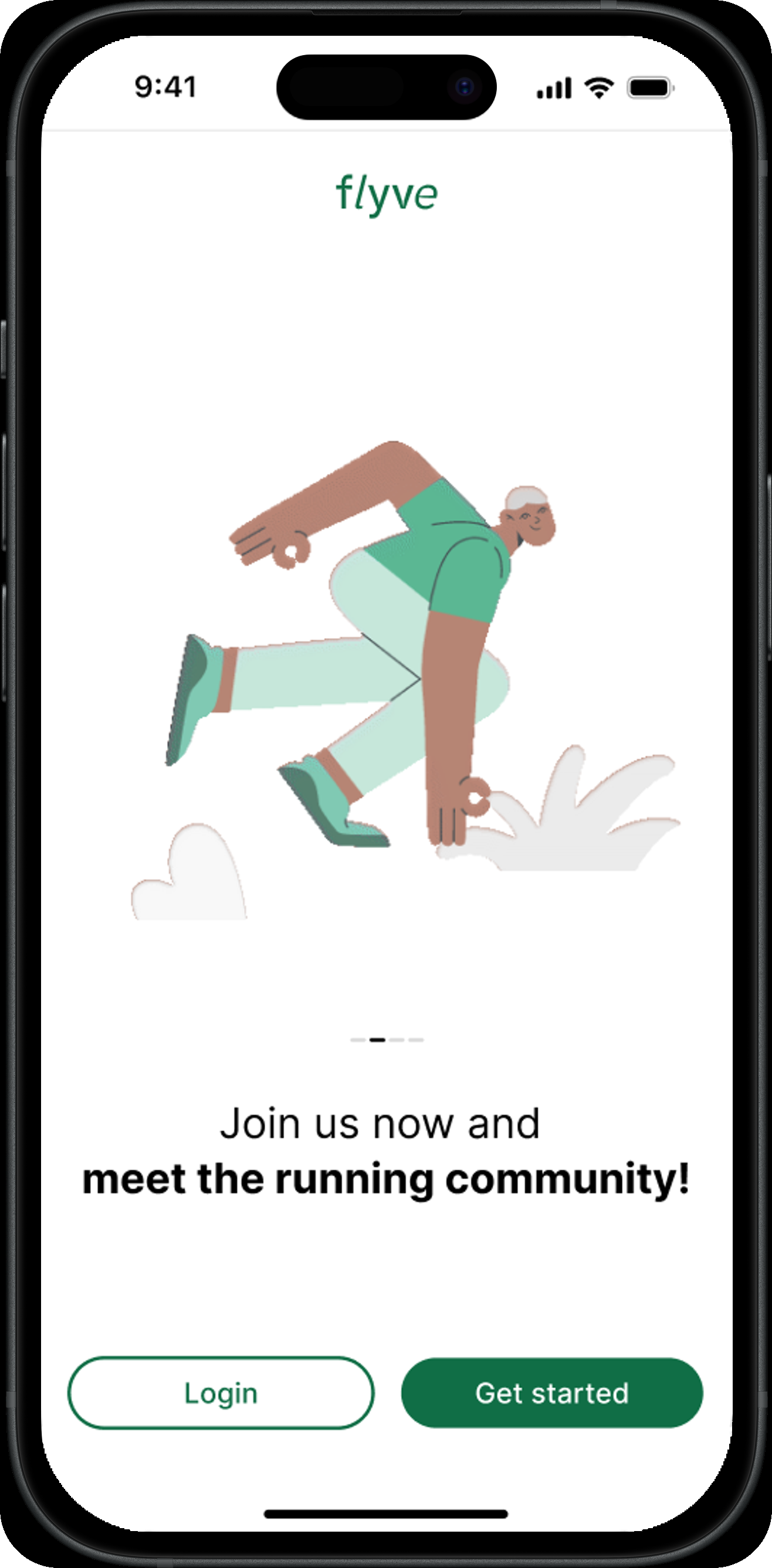 Welcome screen illustration of a runner mid-stride, with the line 'Join us now and meet the running community!'