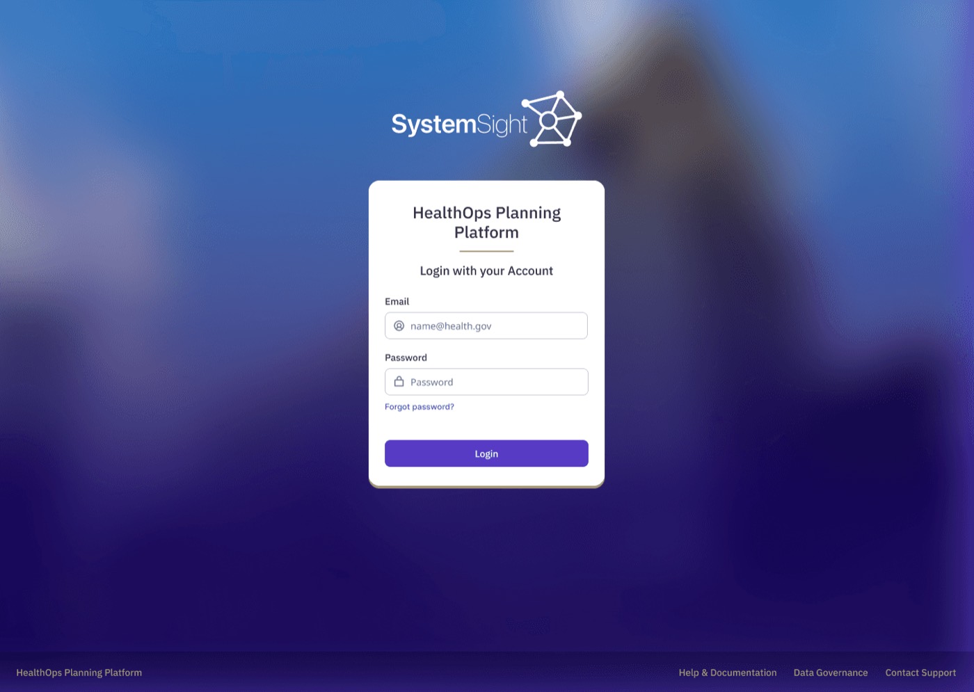 The HealthOps / SystemSight planning platform login screen.