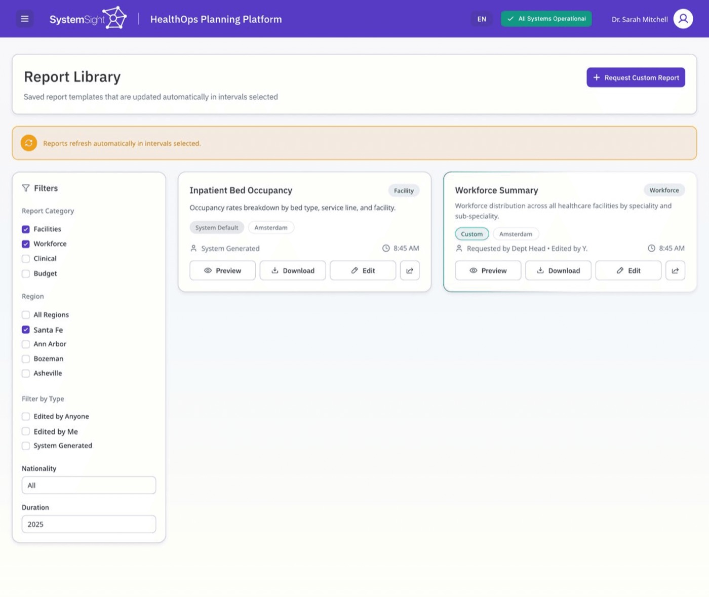 Report Library screen showing saved report templates that refresh automatically, with filters on the left.