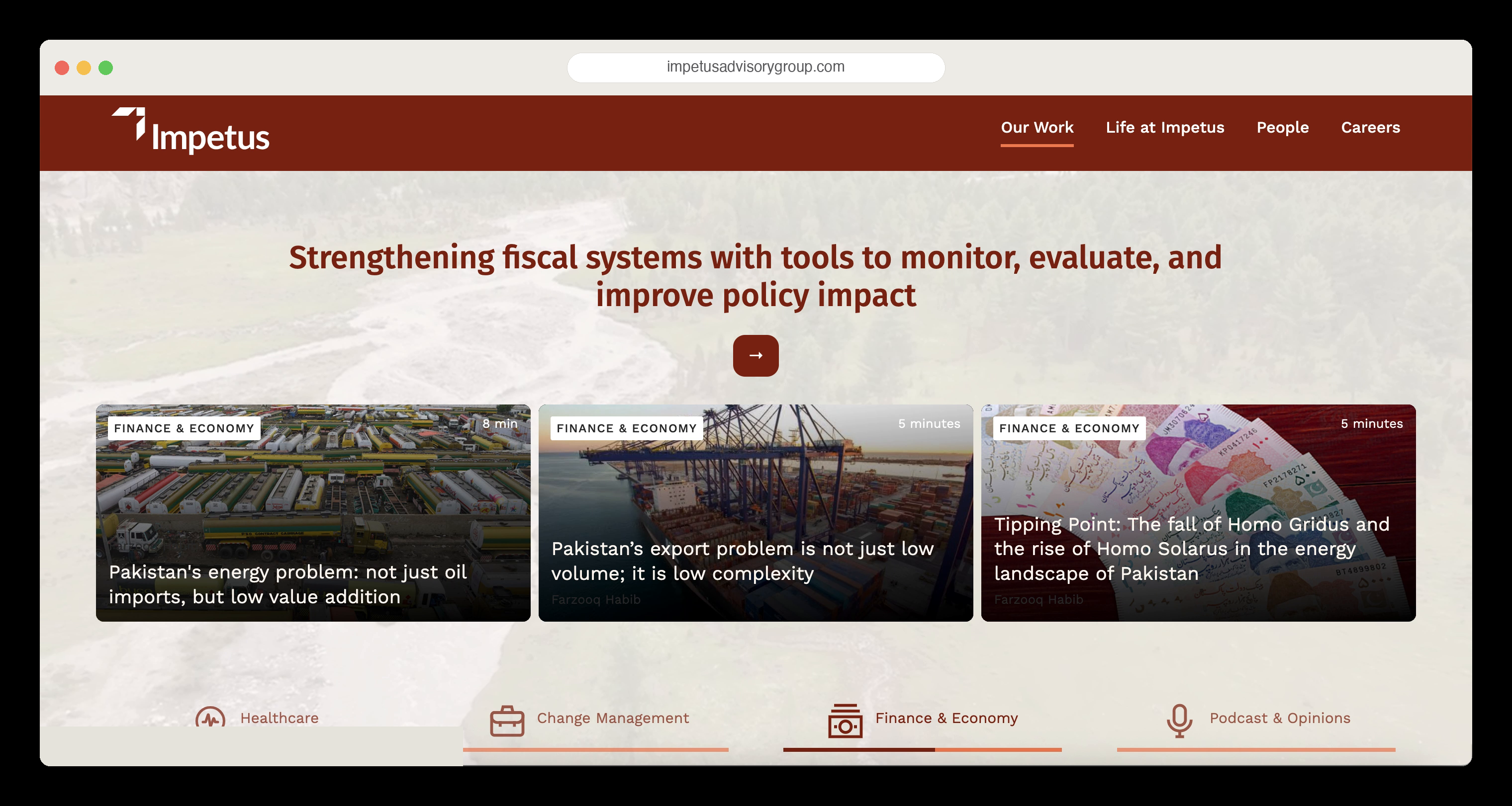 The Impetus Advisory Group homepage with Finance & Economy selected, showing the headline and three matching Insights articles.