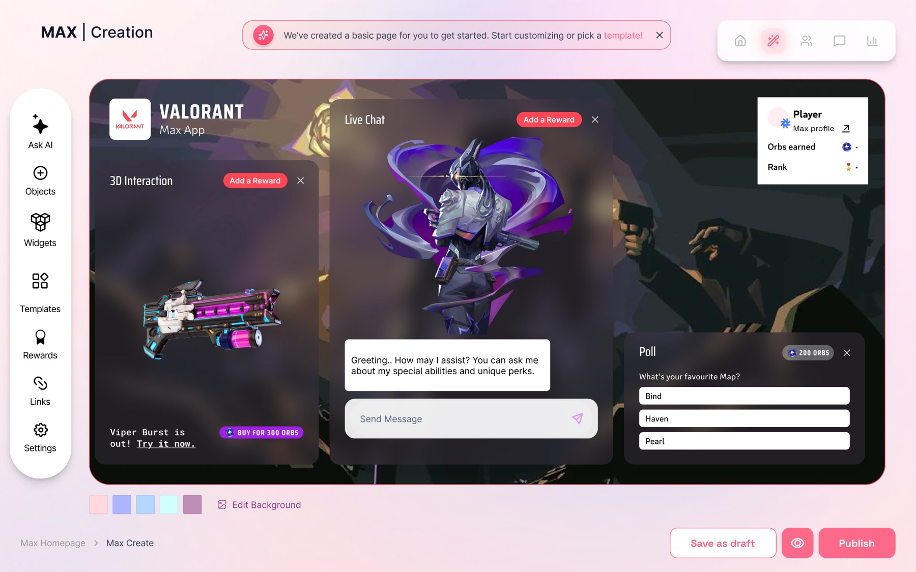 The Max Creation editor restyled with a dark, full-bleed game illustration background, showing live chat, 3D interaction, and player profile widgets.