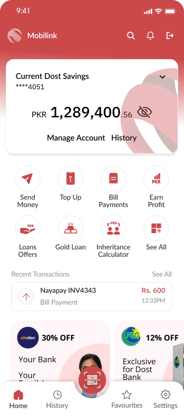 The conventional Dost home screen in the red visual identity.