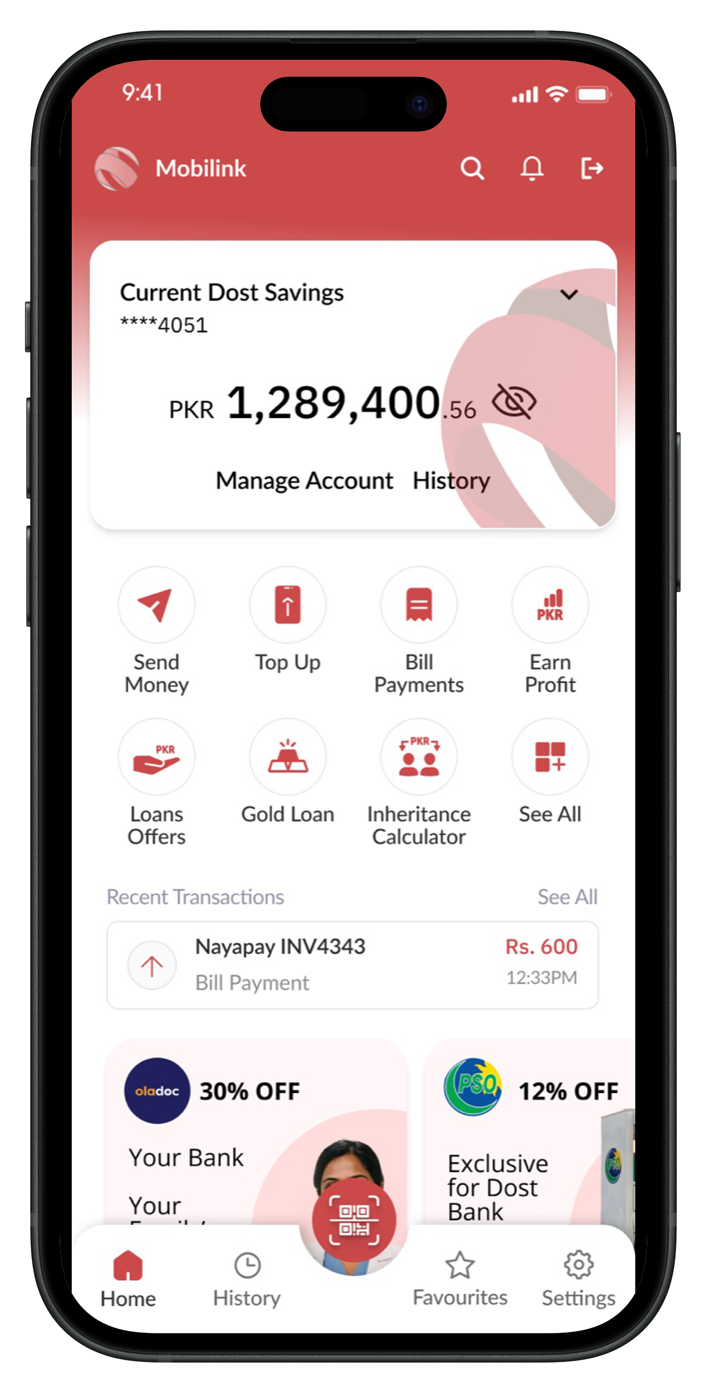 The conventional Dost home screen in the red visual identity.