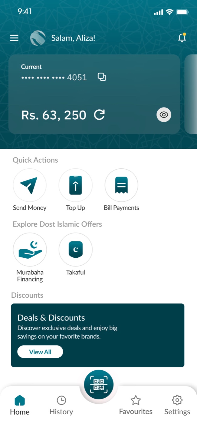The Islamic Dost home screen in the teal visual identity, showing Murabaha Financing and Takaful.