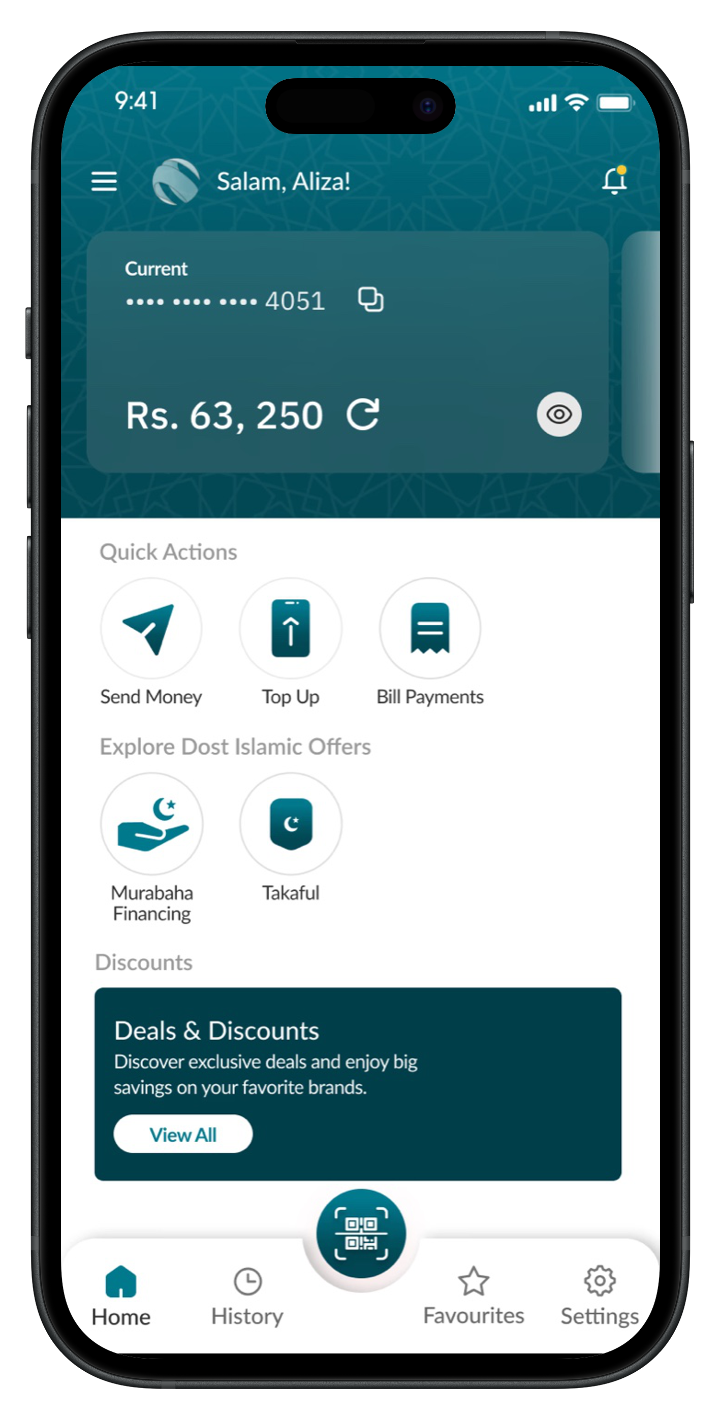 The Islamic Dost home screen in the teal visual identity, showing Murabaha Financing and Takaful.