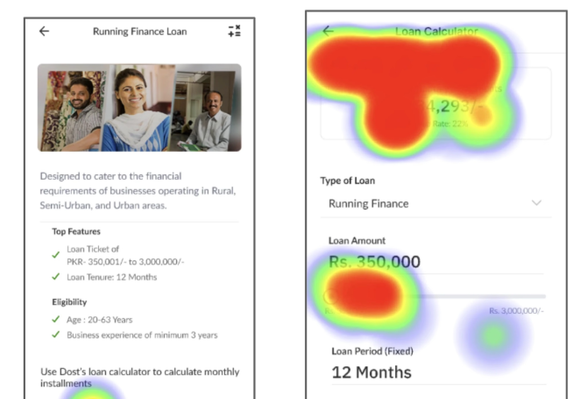 A loan detail screen and its usability-testing heatmap, showing where attention landed.