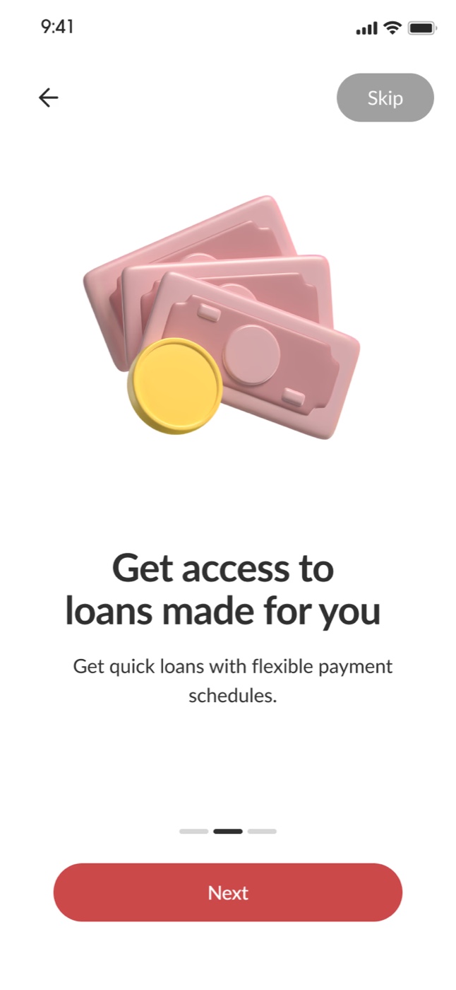 Onboarding screen introducing loans made for the customer.