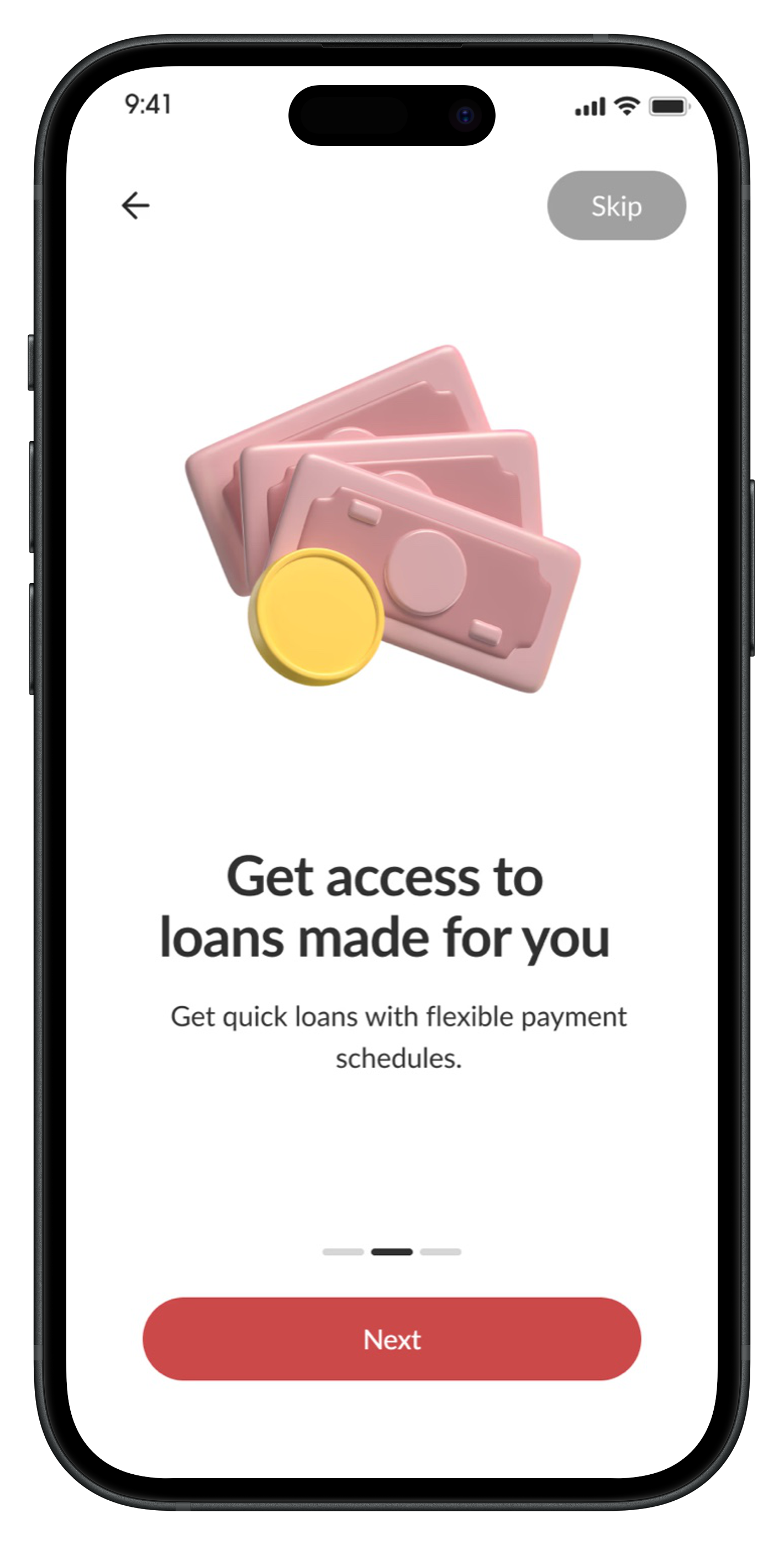 Onboarding screen introducing loans made for the customer.