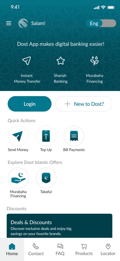 The Islamic Dost onboarding screen introducing Shariah Banking and Murabaha Financing.