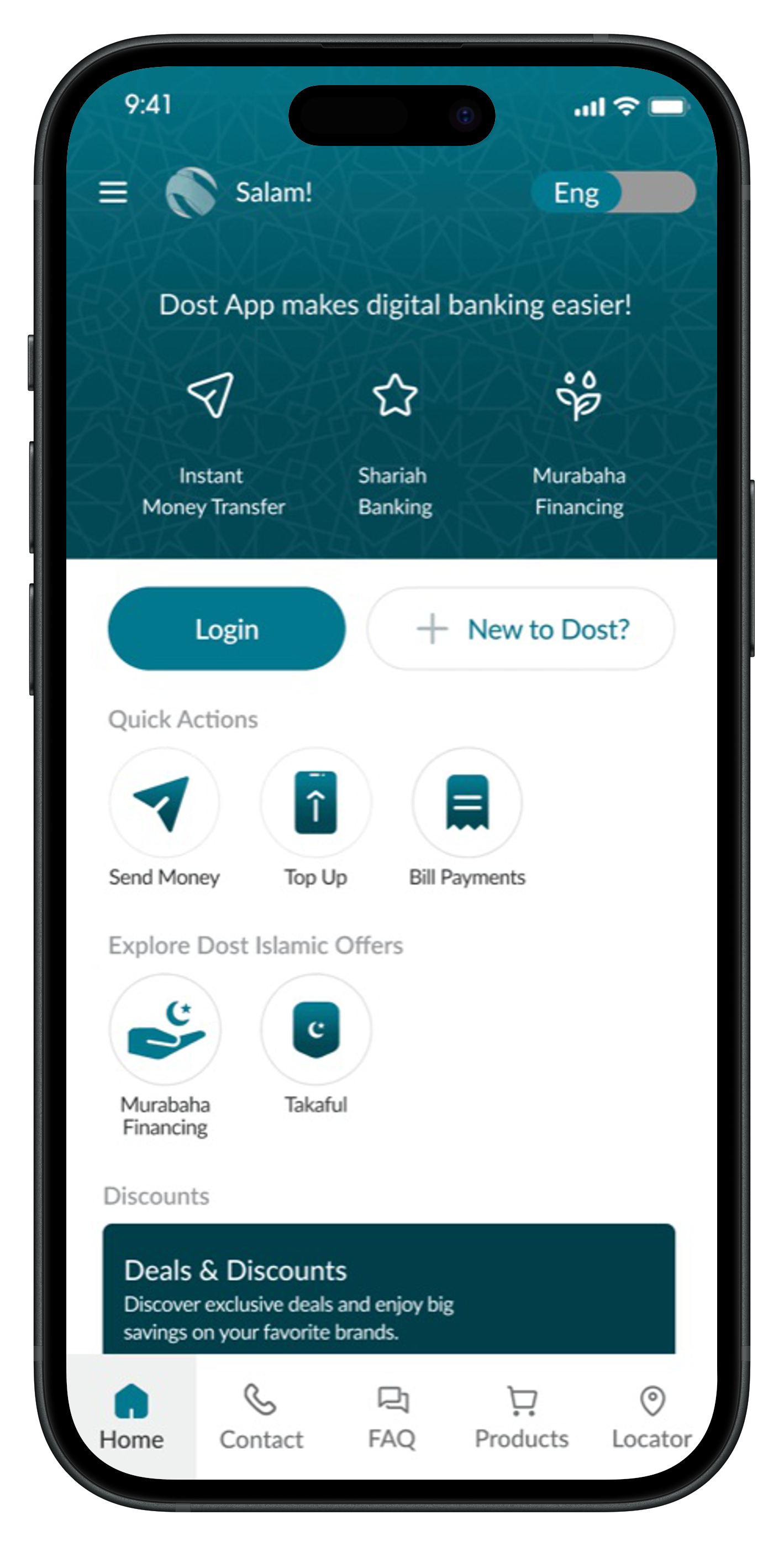 The Islamic Dost onboarding screen introducing Shariah Banking and Murabaha Financing.