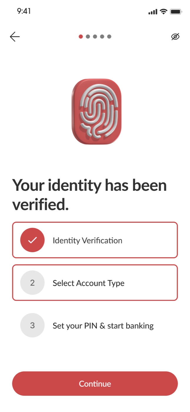 Onboarding screen confirming identity verification, with account setup progress steps.