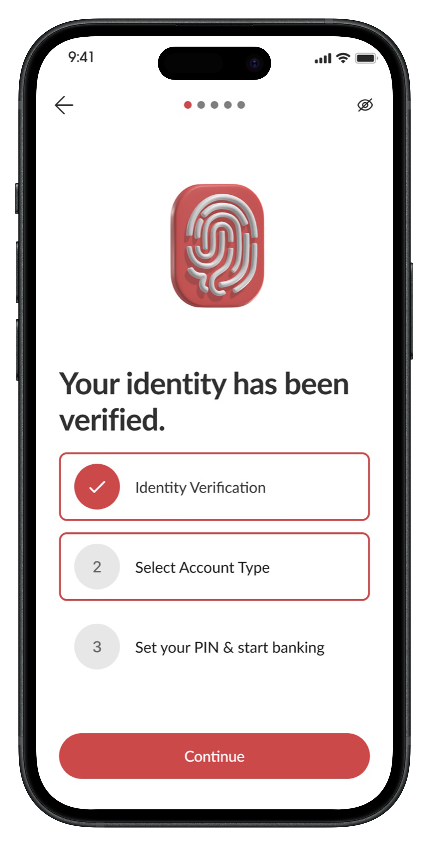 Onboarding screen confirming identity verification, with account setup progress steps.