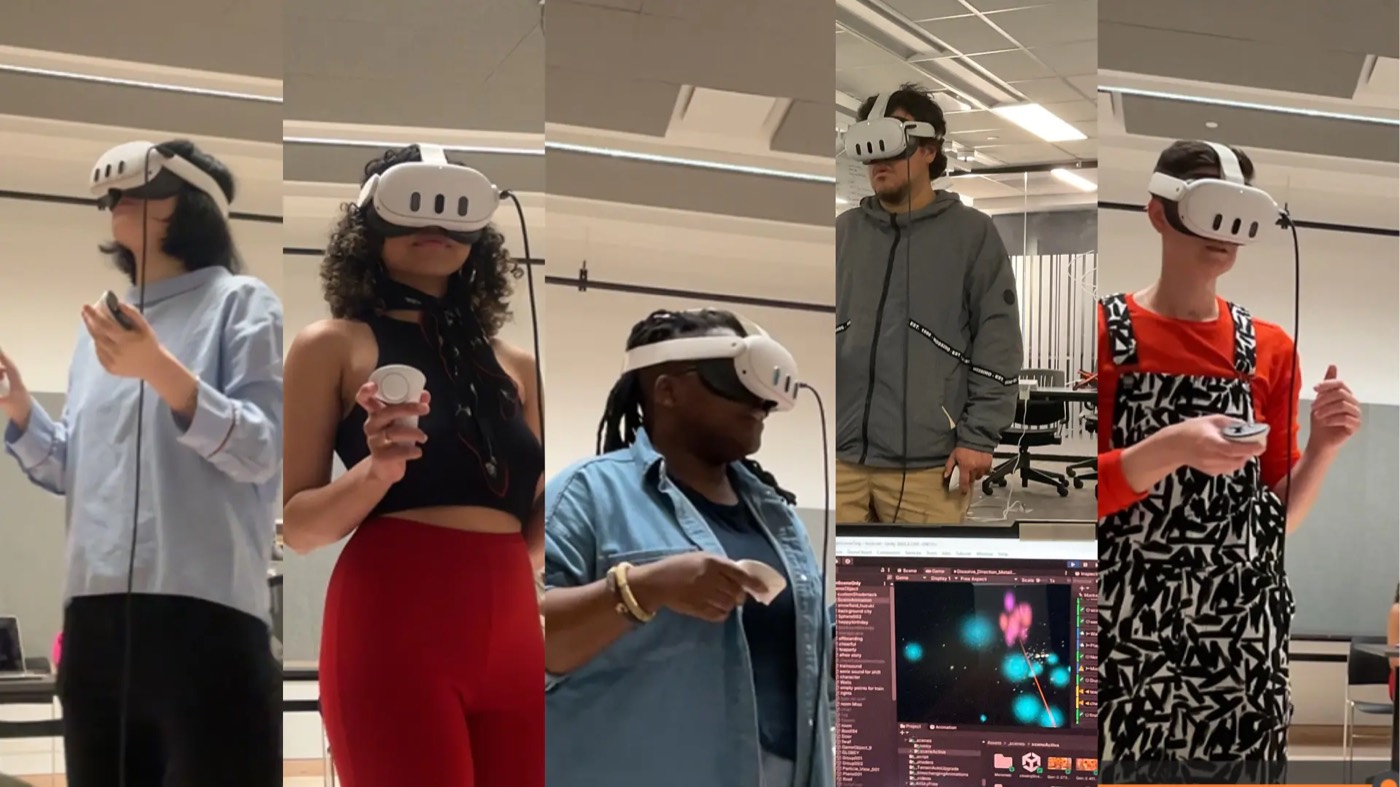 Visitors experiencing the What She Carried VR archive with headsets.