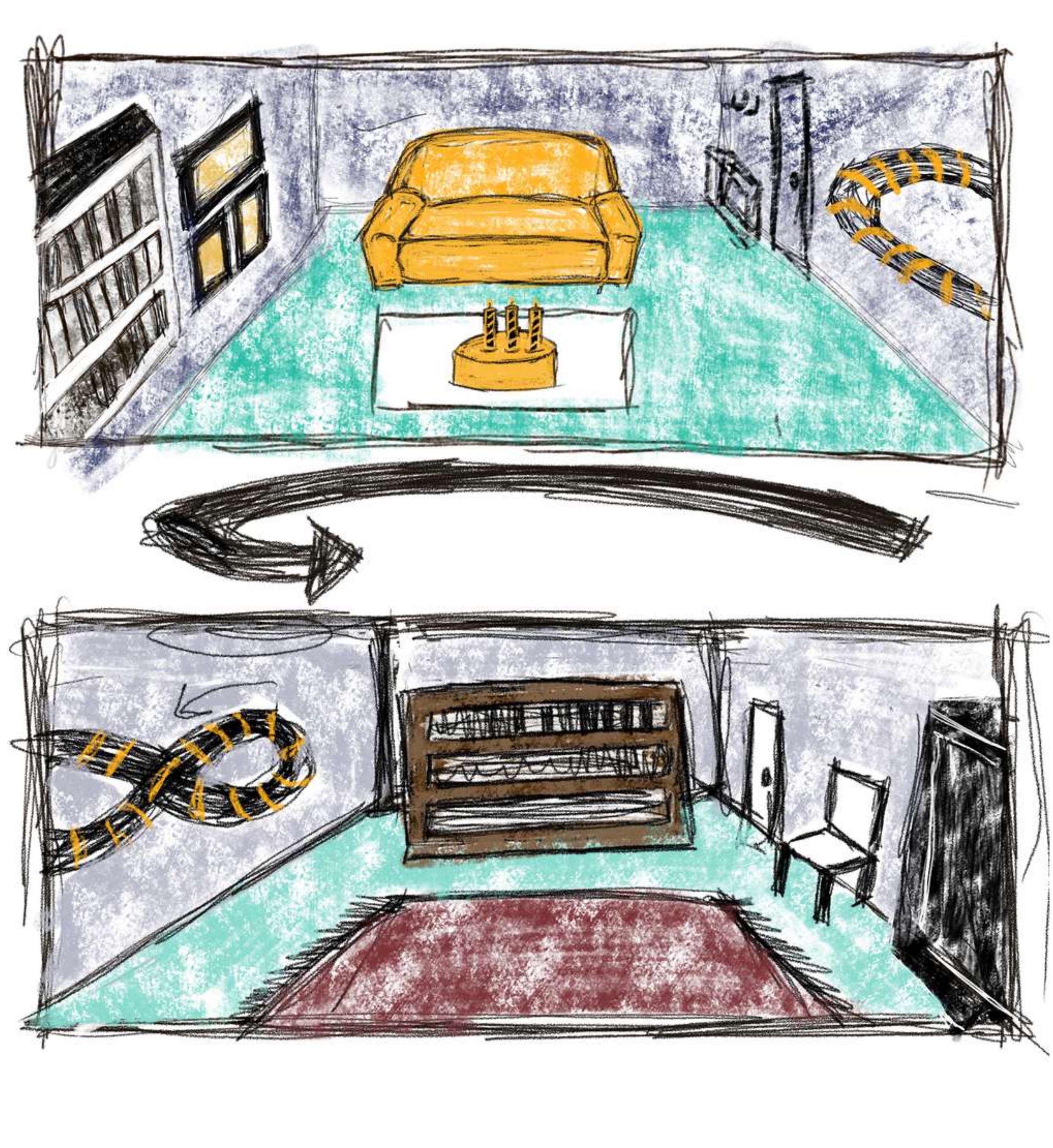 Two states of the same room: colourful with a cake, then faded and emptied.