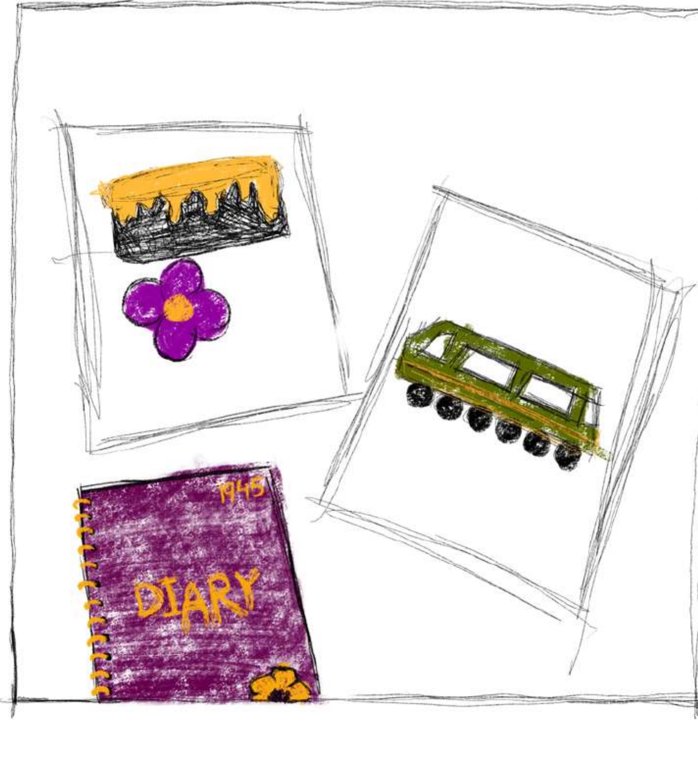 Object studies: a birthday cake, a flower, a toy train, and a 1943 diary.