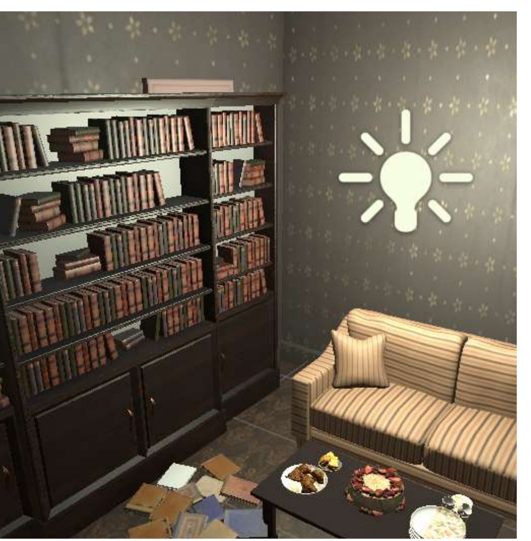 Rendered view of the room: bookshelves, a striped sofa, a birthday cake and papers on the floor.
